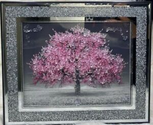 BLOSSOM TREE PICTURE CRUSHED DIAMOND HEART PINK CRYSTAL LIQUID ART WALL 55x45cms