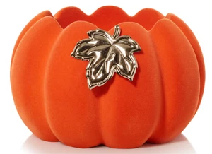 Yankee Candle Fall Flocked Pumpkin 3-wick Candle Holder Pedestal Gold Leaf NIB - Picture 1 of 12