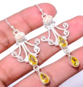 White Turquoise & Citrine 925 Sterling Silver Handmade Earring 2.11" E8034424 - Picture 1 of 3