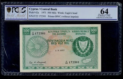 CYPRUS  500 MILS 1971   PICK # 42a PCGS 64 CHOICE UNC. - Image 1 of 2