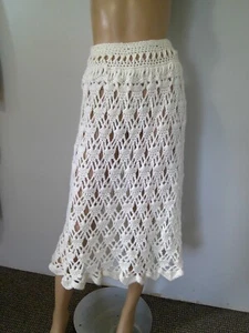 Vtg 70's Handmade White Open Weave Crocheted Skirt Midi Boho Hippie L - Picture 1 of 6