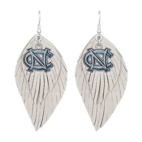 North Carolina Tar Heels White Blue Boho Leather Feather Earrings Jewelry UNC Cover