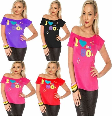 Women I Love The 80's T-shirt Outfit Ladies Pop Star Retro Top Fancy Dress 8-20 - Image 1 of 2