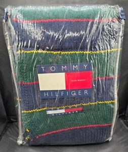 Vintage 1997 TOMMY HILFIGER Green Stripe Throw Blanket 50" x 60" NEW OLD STOCK