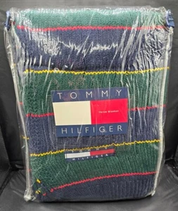 Vintage 1997 TOMMY HILFIGER Green Stripe Throw Blanket 50" x 60" NEW OLD STOCK - Picture 1 of 9