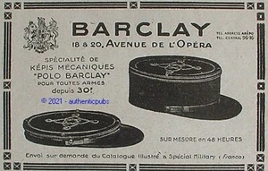 PUBLICITE BARCLAY KEPI MECANIQUE POLO BARCLAY POUR TOUTE ARMEE DE 1917 FRENCH AD - Picture 1 of 1