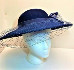 Navy Blue Womans Hat Bowler Derby Netting Kentucky Derby 21 1/4" Small