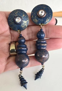 Vintage Boho Blue Enamel Metal Bead Clear Rivoli Dangle Clip Earrings 4" - Picture 1 of 7