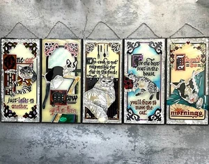 Set of 5 Hand Painted Glass Hanging Suncatcher Cat & Saying 10.5”x5“ AMIA Denver - Picture 1 of 11