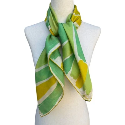 Vera Neumann Vintage Silk Scarf Handrolled Hem Green Yellow Abstract Design OS - Image 1 of 4