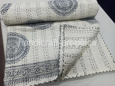 Indian Reversible Handmade Cotton Kantha Quilt Block Print Bedspread Blanket - Image 1 of 4