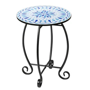 14 Outdoor Side Table Scrollwork Accent Round End Table Unique Relief Ceramic Ti - Picture 1 of 8