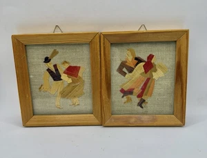 Antique Vintage Straw/Bamboo/Wicker Art Picture Wall Hanging 4.75 X 5.25 Polish - Picture 1 of 8