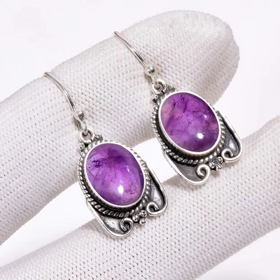 Hermoso pendiente de mujer de plata esterlina 925 maciza con piedras preciosas de amatista púrpura V192 Foto 1 de 4