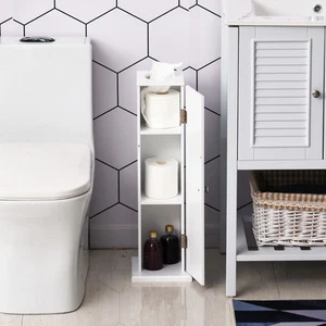 Small Bathroom Corner Cabinet Floor Doors Shelves Thin Toilet Vanity White - Picture 1 of 11