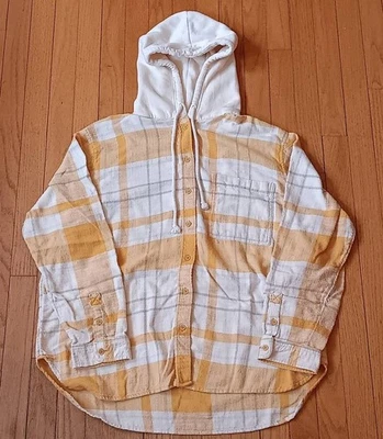 Camisa para mujer American Eagle grande amarilla a cuadros con capucha abotonada franela informal Foto 1 de 4