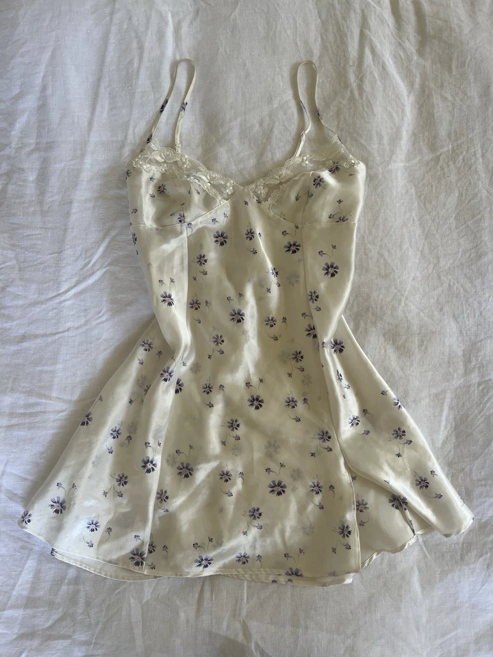 Victoria’s Secret White Slip Dress With Purple Floral Pattern & Lace Size Medium - Image 1 of 4