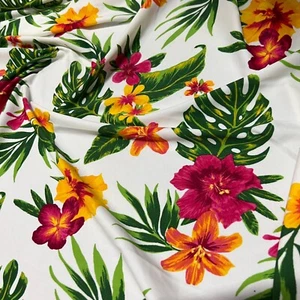 Swimwear Spandex Fabric 4 way Stretch Hawaiian Cayennes & Leaves Print by Yard - Picture 1 of 6