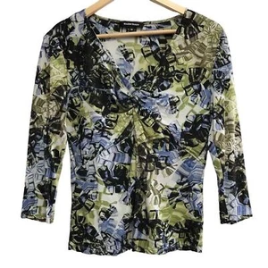 Ellen Tracy Top Womens Medium Silk Nylon Black Blue Green Long Sleeve - Picture 1 of 6