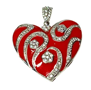 Prime Art & Jewels 925 Red Enamel Heart Pendant With Clear CZ's - Picture 1 of 6