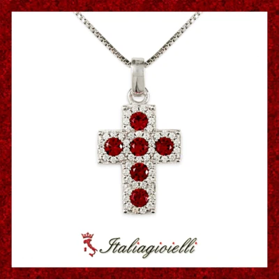Splendente Collana Croce tipo Rubino in Argento 925 Rodiato Oro Bianco - Immagine 1 di 4