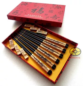 SET 6 Pairs Chopsticks/Rests/Gift Box wood Pyrograph Carved Chinese Dragon style - Picture 1 of 5