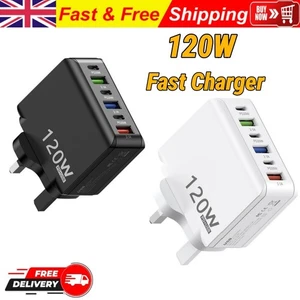 120W 6-Port USB-C PD Fast Charger Plug Multi-port UK Plug Wall Adapter - Picture 1 of 10