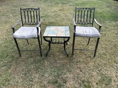Heavy Outdoor Bistro Set Cast Iron Chairs And Stone Top Side Table - Image 1 of 3