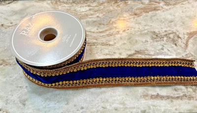 Raz Imports Blue Velvet Wired Ribbon with Gold Jewel Trim 2.5" X 6.15 yds - NEW - Image 1 of 3