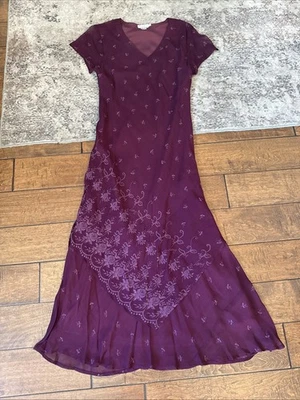 Винтажный 90-х бисером ассиметричный уклон вырез макси платье Sz 8 v-образным вырезом вискоза бордовый - Изображение 1 из 4