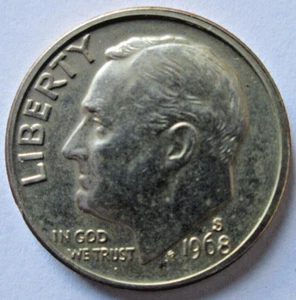 1968-S ROOSEVELT DIME IMPAIRED CLAD PROOF, AU/MS CONDITION, CIRCULATED - Picture 1 of 2