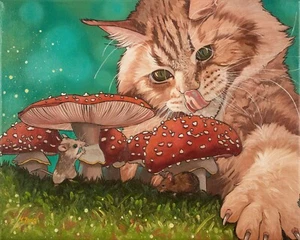 "Pilzschutz, Katze und Mäuse, Original Fantasiekunstwerk Ölgemälde, 16""x20" - Bild 1 von 7