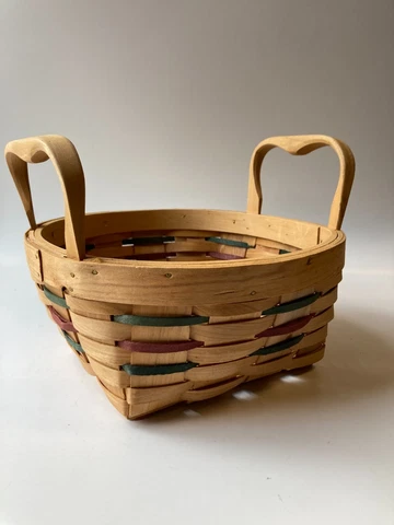 Square Wicker Basket with Wooden Handles Natural with Purple & Green stripes 9" Cover