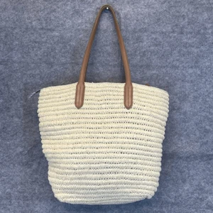 TALBOTS Straw Bag Women's Cream Brown Leather Trim Shoulder Tote Boho Purse EUC - Picture 1 of 15