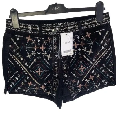 Next Embroidered Patterned Black High Waist Denim Shorts Size 8 BNWT 100% Cotton - Image 1 of 4