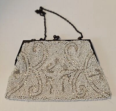 Vintage beaded evening clutch purse hand made in Belgium Ivory Platinum  - Image 1 of 4