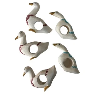 Vintage Country Goose Napkin Rings Wooden Napkin Holders Blue Red Set of 5 Geese - Picture 1 of 8