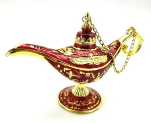 Messing Öl Geist Lampe Gold Rot Vögel Emaille Göttin mit Flügeln - Bild 1 von 12