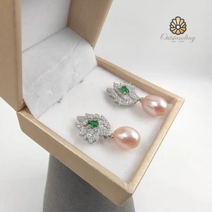 Pendientes colgantes de gota rosa de agua de mar de 9-12 mm PT950 base cristal Navidad - Imagen 1 de 23