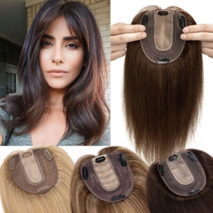 Russian Human Hair Topper Mono Silk Base Top Real Remy Toupee Clip in Hairpiece - Picture 1 of 58