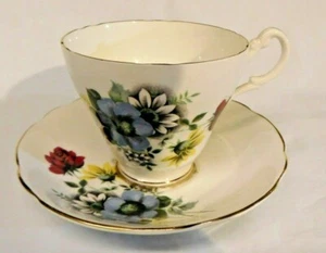Taza de té floral Royal Ascot Bone China platillo adjunto azul amarillo rojo borde dorado - Imagen 1 de 9