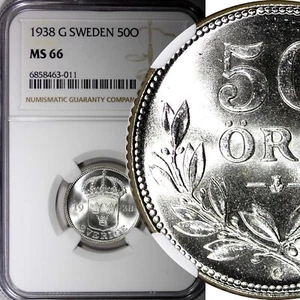 SWEDEN Gustaf V Silver 1938 G 50 Ore NGC MS66 GEM BU KM# 788 (011) - Picture 1 of 5