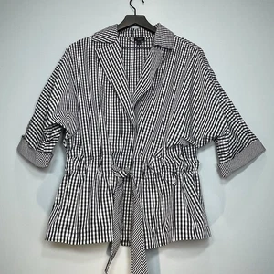 TALBOTS Womens Black White Gingham Lightweight Belt Jacket Dolman Sleeve Size L - Picture 1 of 5