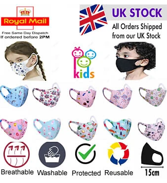 UK Childrens Kids Face Mask Washable Breathable Mouth Protection Cover Reusable - Image 1 of 2