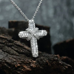 SALE - 1.25Ct 100% Natural Baguette & Round Diamond Cross Pendant In White Gold - Picture 1 of 14