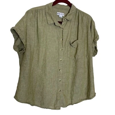 Camisa feminina Ava & Viv 1X linho verde manga gorro bolso leve botões extras - Imagem 1 de 4