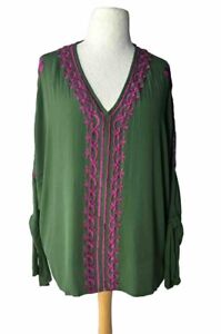 EX Monsoon Top Tunic Blouse Green Pink Embroidered Ladies Summer Floral XL