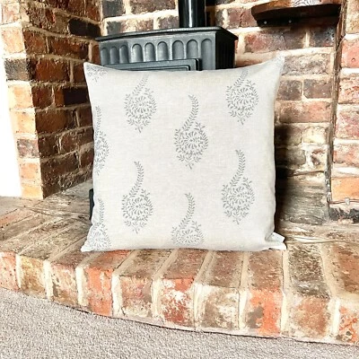 1374. HUMBER LINEN LOOK Duck Egg Block print 100% Cotton Cushion Cover - Image 1 of 4