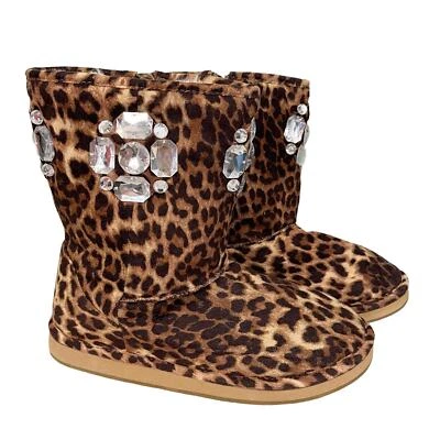 JOAN BOYCE Botas Mujer 9 Leopardo Estrás Adornadas Planas Pull On Pantorrilla Marrón Foto 1 de 4