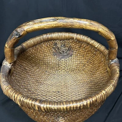 Cesta de tecido japonesa período Edo grande Ikebana 15,5x16x14,75 vime antigo - Imagem 1 de 4